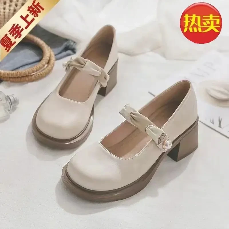 2【H2025】玛丽珍小皮鞋女圆头时尚百搭粗跟春季浅口厚底女鞋q