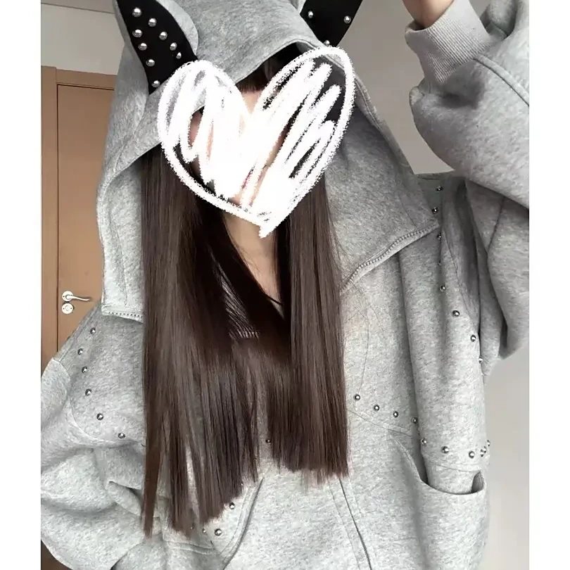 美式拼接铆钉杜宾犬耳朵连帽卫衣甜酷风设计款短外套秋款