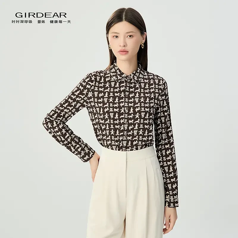 哥弟新款女装时尚质感通勤简约百搭翻领印花长袖衬衫130073