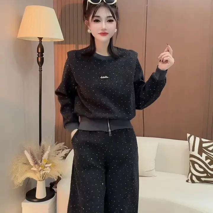 运费补贴秋冬新款大码显瘦气质时尚宽松上衣阔腿裤两件套套装