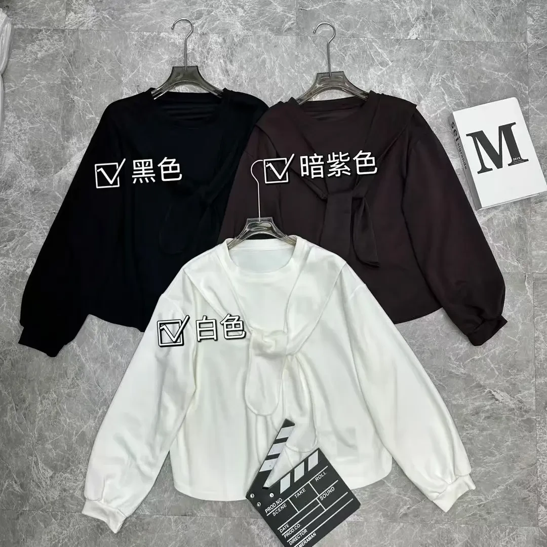 时尚韩版圆领设计款2025秋季新款百搭宽松显瘦T恤一体披肩简约女