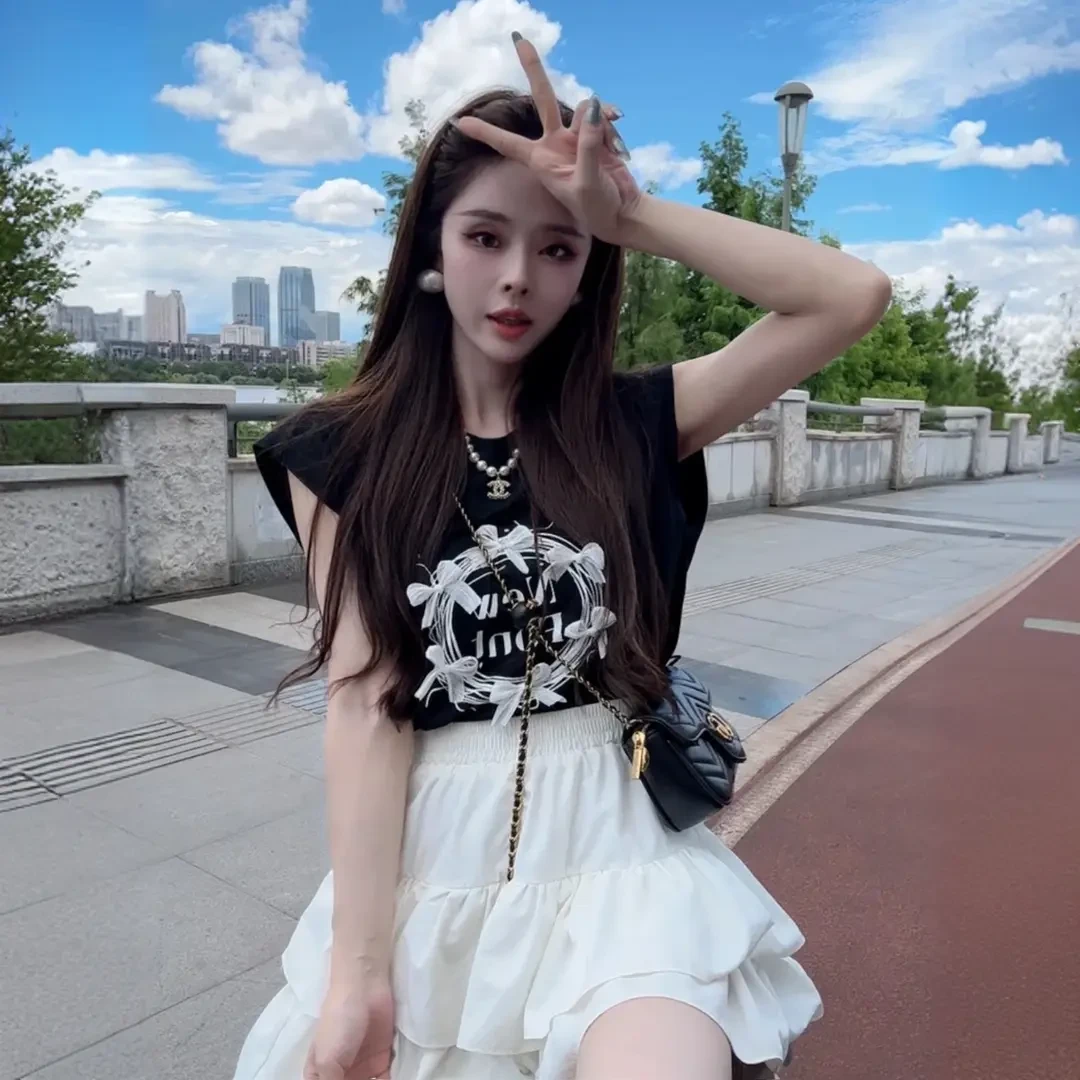 减龄搭配一整套夏装女小飞袖T恤蛋糕半身裙时尚洋气显瘦遮肉套装