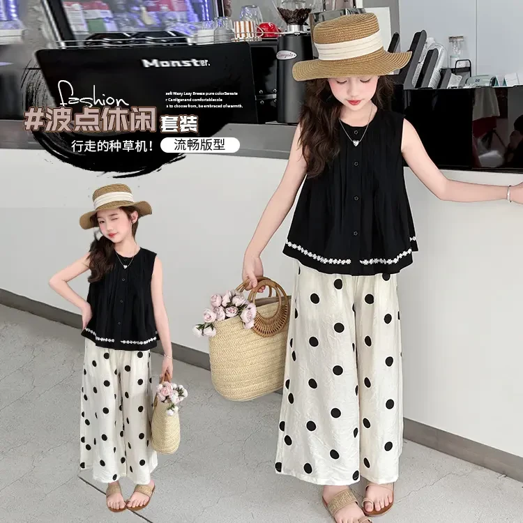 女童夏季韩版套装2025新款6-12岁15岁中大童洋气背心阔腿裤两件套