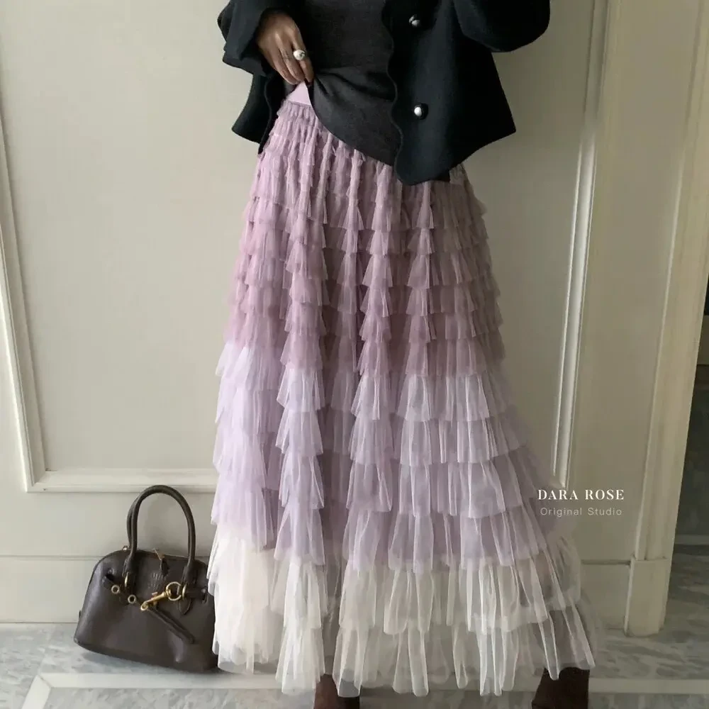 秋冬法式甜美渐变重工网纱高腰A字层层蛋糕半身长裙