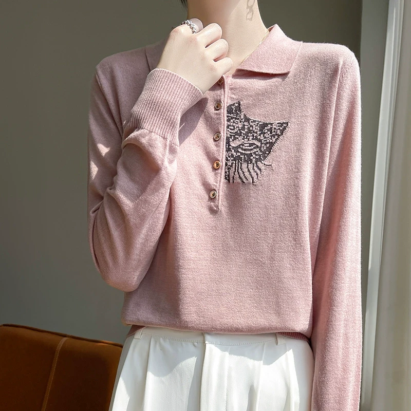 羊范春季新款精纺蚕丝羊毛针织衫女POLO领刺绣猫咪打底衫薄款长袖