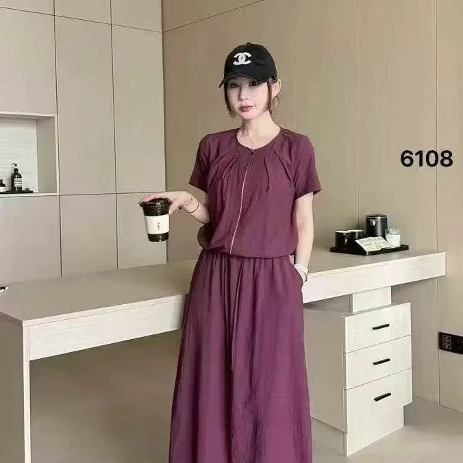 法式极简风通勤连衣裙套装夏季短袖显瘦洋气休闲气质