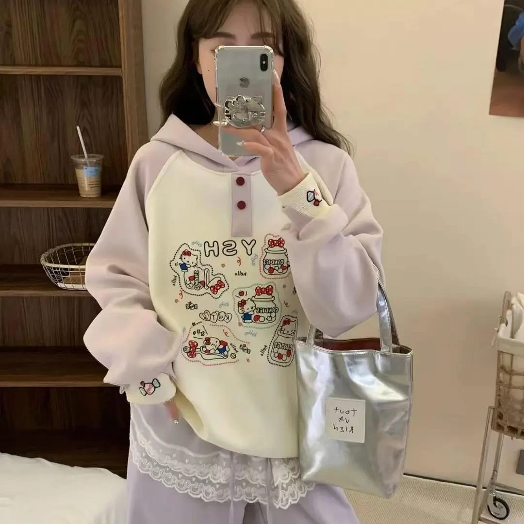 春季新款KT猫重工刺绣连帽插肩袖长袖休闲宽松百搭卫衣女韩版套头