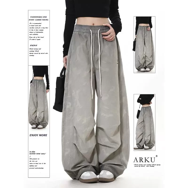 ARKU美式复古迷彩弯刀工装裤女春季宽松显瘦褶皱阔腿直筒休闲裤子