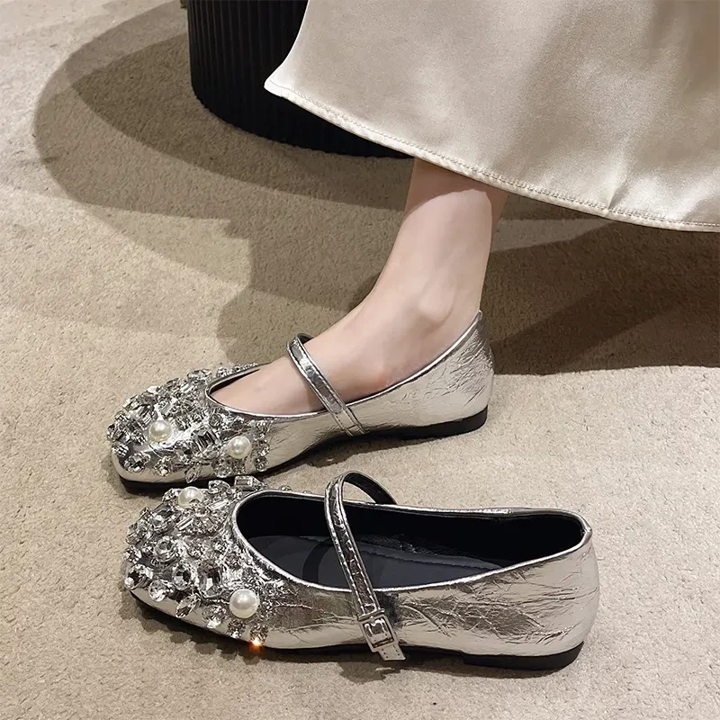 法式仙女风银色亮钻玛丽珍鞋女2024年春季新款配裙子平跟一字单鞋