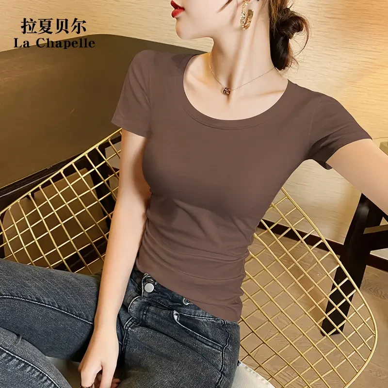 拉夏贝尔咖色T恤短袖修身薄款冰丝低领大领口内搭上衣半袖体桖夏