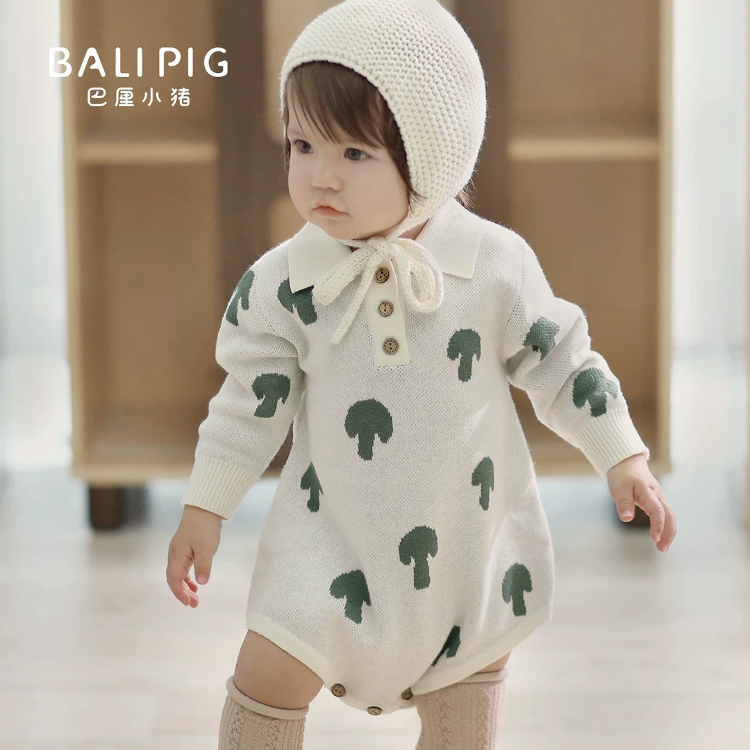 宝宝针织包屁衣男宝polo领三角哈衣女宝春季毛线衣春装婴儿连体衣