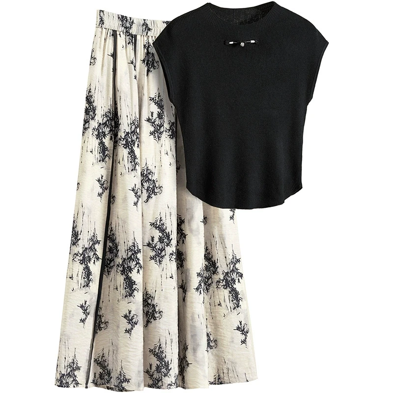 她池2025春夏新款女装套装上衣搭国风印花半身裙两件套T51Q0162NA