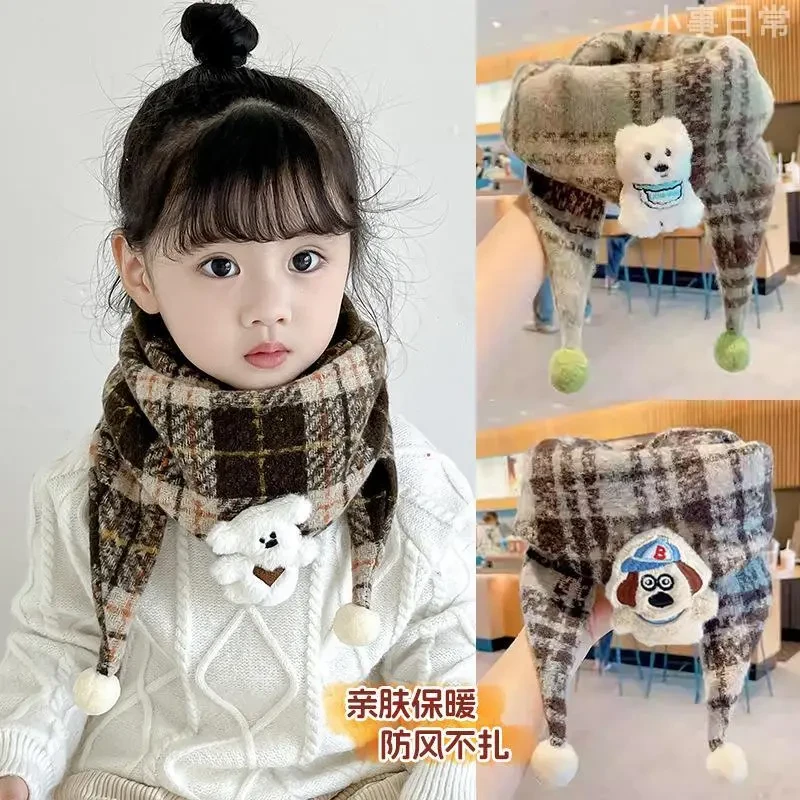 秋冬防风保暖男女童围脖韩版格子围巾可爱洋气卡通宝宝三角巾