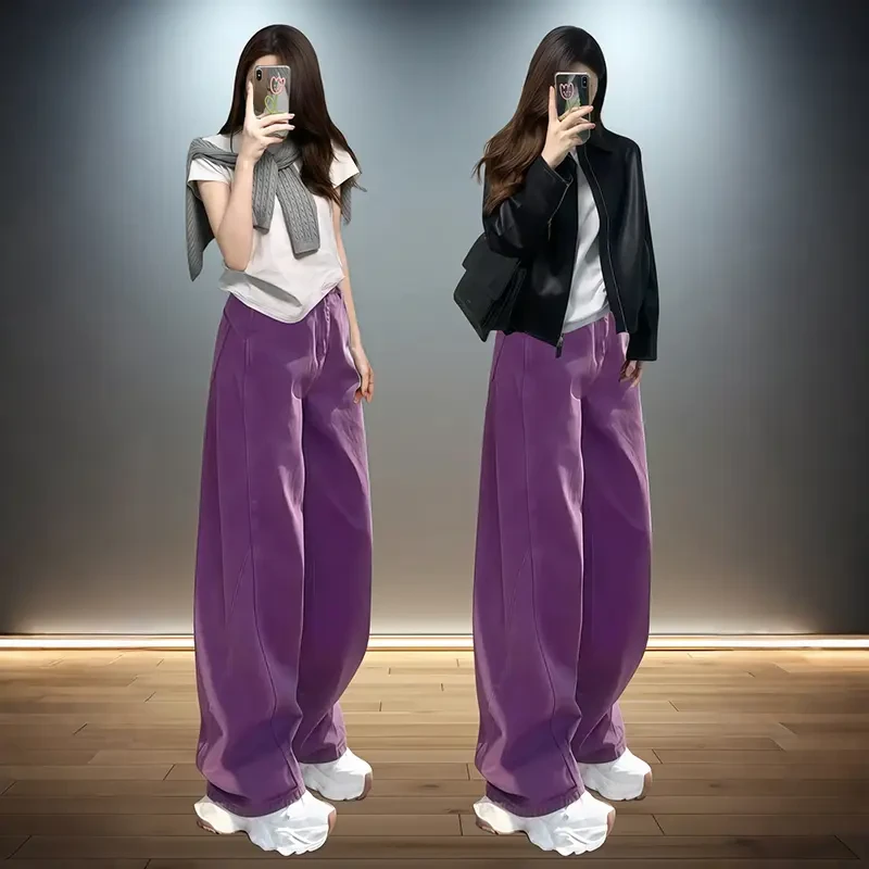 紫色弯刀牛仔裤女春夏2025年新款爆款大码胖mm宽松设计感阔腿裤子