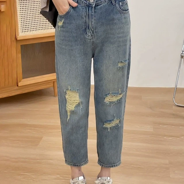 2025夏季薄款破洞牛仔裤女大码胖mm高腰宽松显瘦九分哈伦老爹裤子