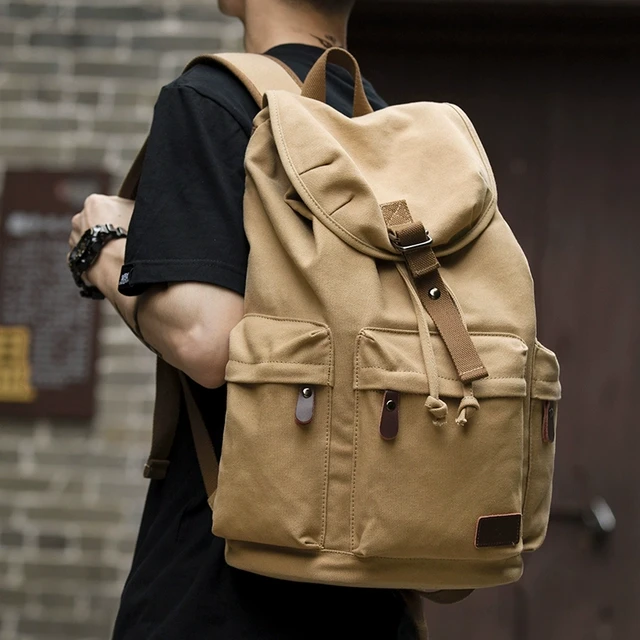 双肩包男背包文艺帆布休闲旅行包大容量时尚简约高中初中学生书包
