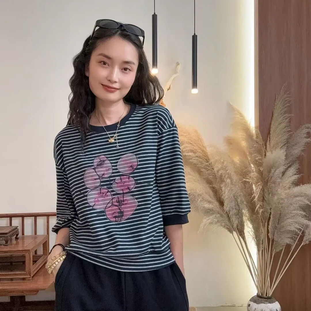 6830-条纹圆领薄款针织毛针织衫上衣显瘦休闲T恤女装