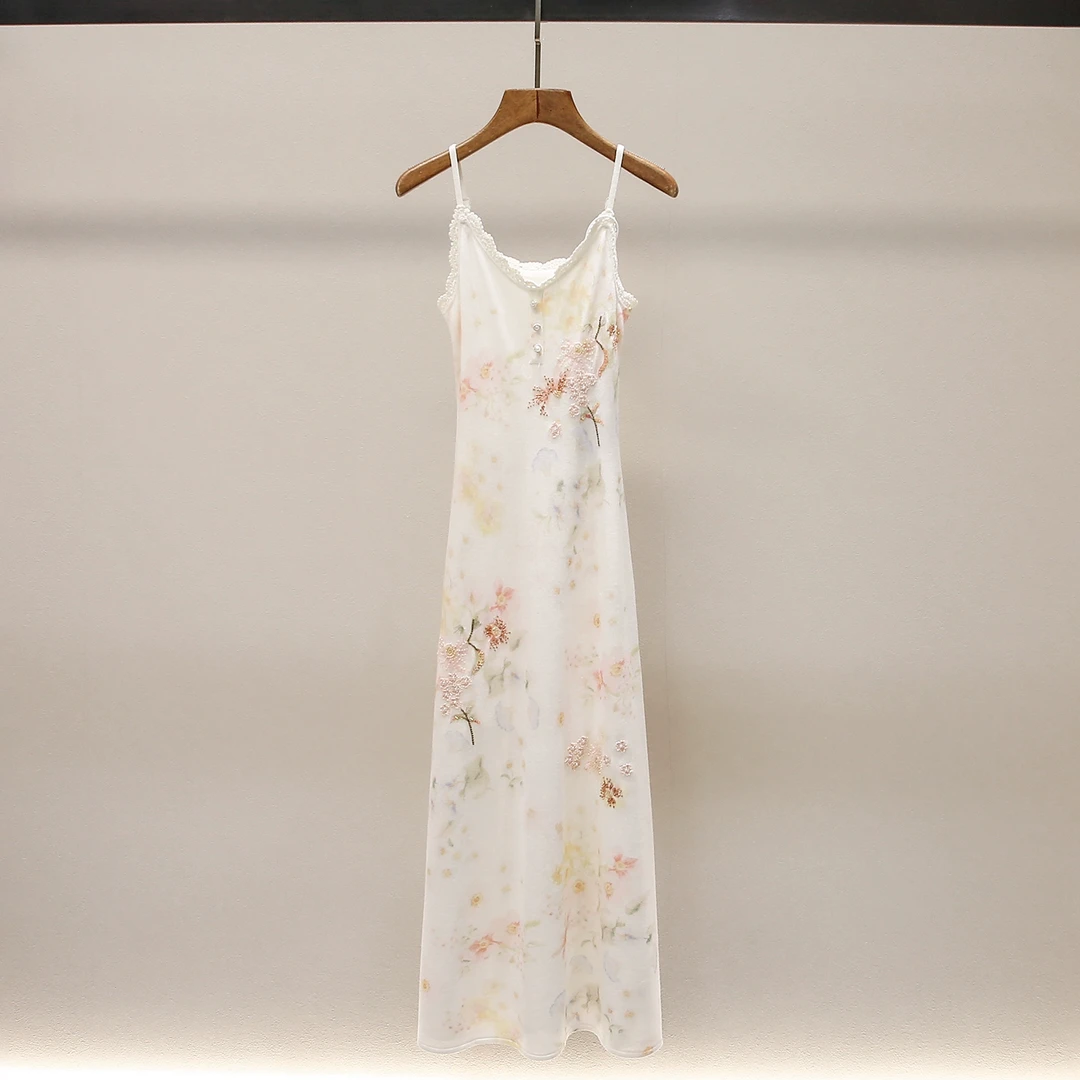 【艺术花染】法式浪漫优雅重工印花钉珠吊带连衣裙LA11275