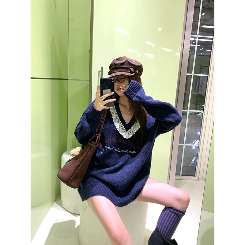 【清仓特惠】圆脸柒柒 冬季小狗毛衣女V领可拆卸加厚慵懒风宽松套头