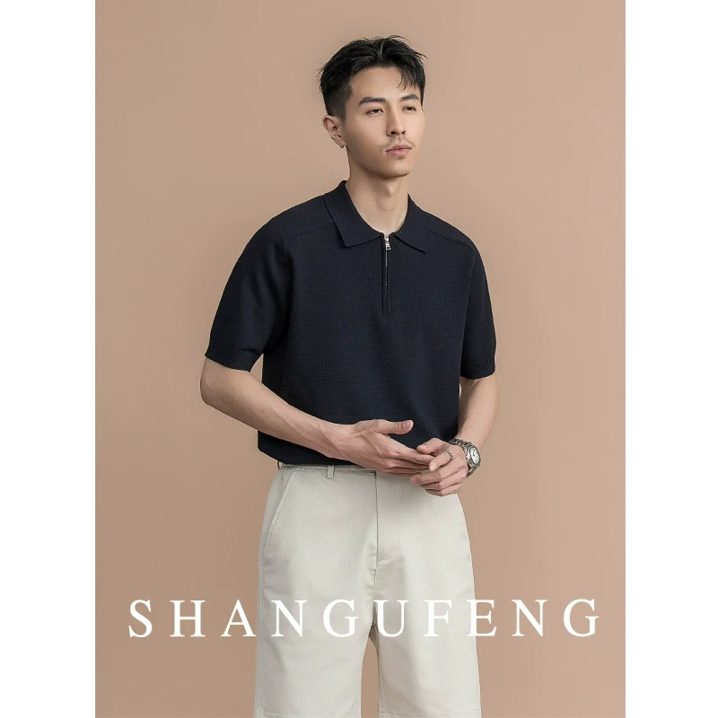 SHANGUFENG夏季舒适凉感拉链领polo衫男士休闲插肩袖针织毛衣男
