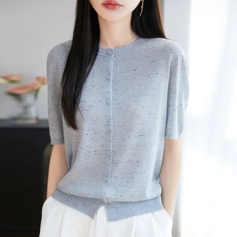 羊毛+亚麻夏季新款圆领彩点纱无缝针织开衫短袖女上衣宽松显瘦百
