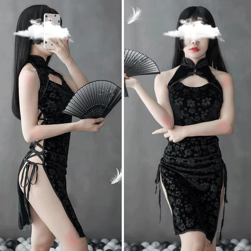 【绝世无双】大码240斤内衣性感复古旗袍制服侧高开叉系带包臀紧身