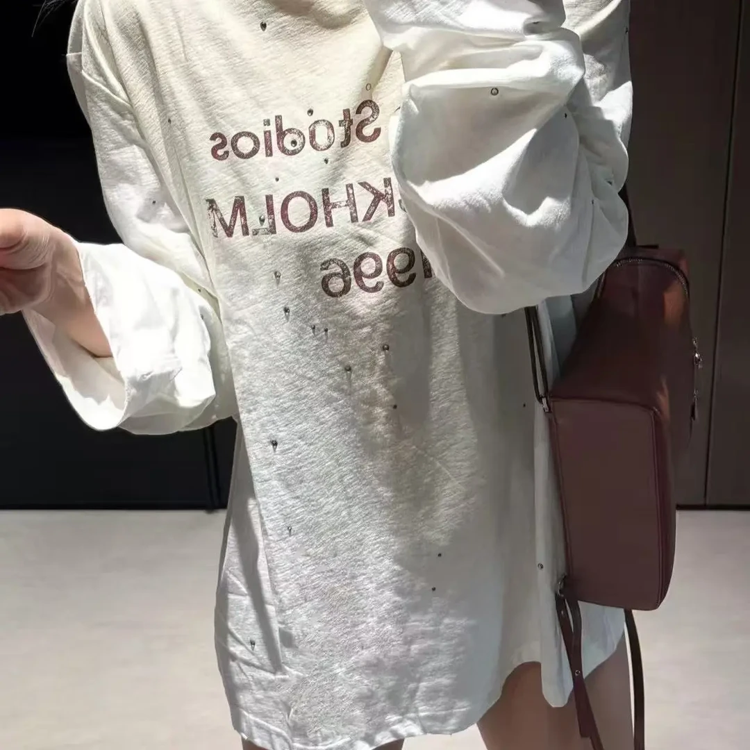 限定带钻 磨破字母薄款2025复古做旧长袖t恤上衣新款