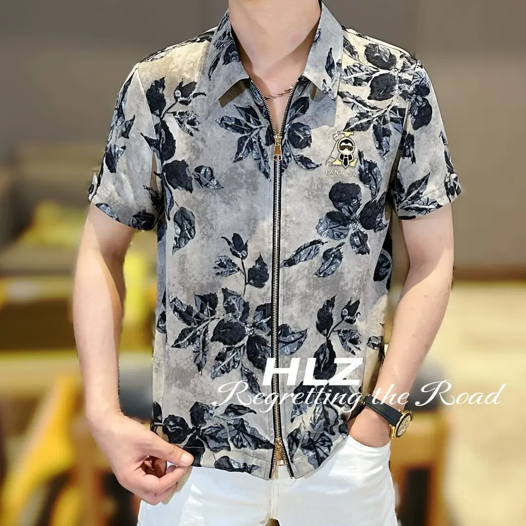 2025新款翻领短袖薄款男夏季男士拉链衬衫印花帅气套装痞帅