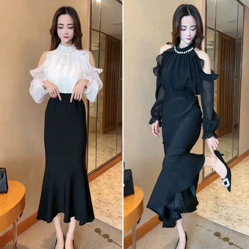名媛风时尚套装珍珠挂脖露肩雪纺衫女春洋气上衣松紧腰鱼尾半身裙