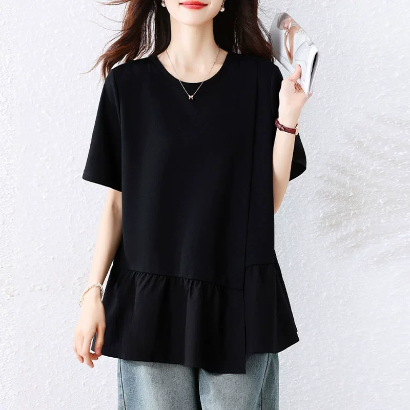 不规则黑色短袖衬衫女士2025夏季宽松时尚显瘦减龄高级感休闲上衣