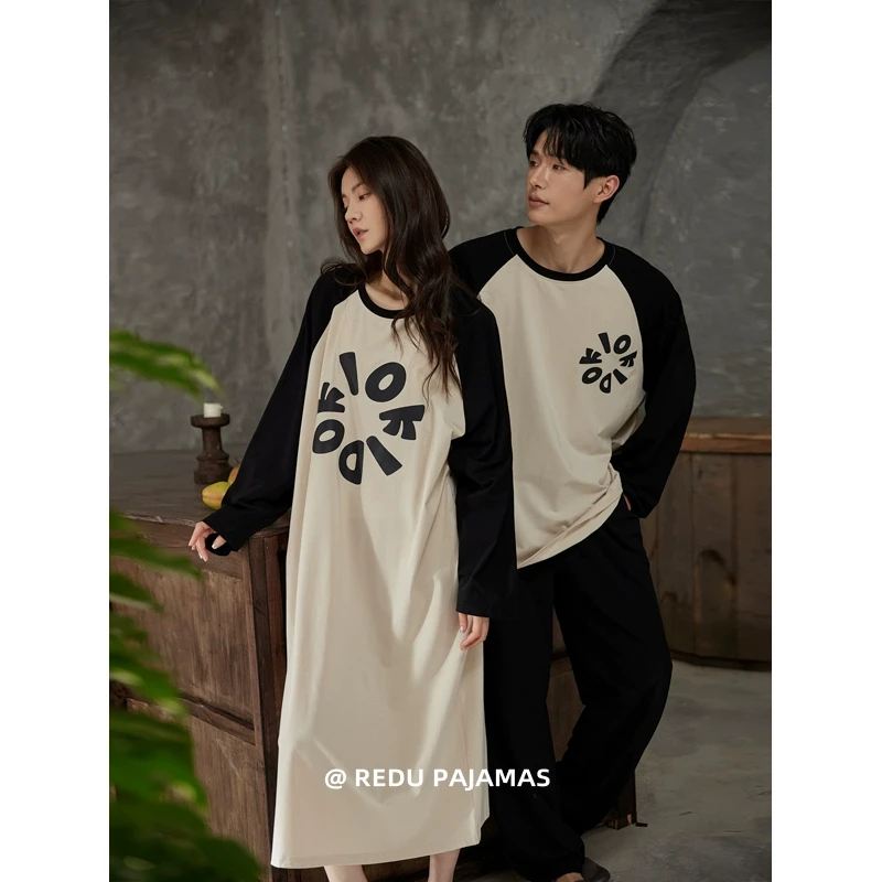 【柔软棉】热妒情侣睡衣春秋长袖睡裙女可外穿男士宽松家居服套装