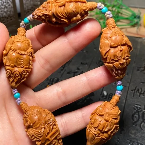 精品雕刻【五路财神】橄榄核手工文玩手串
