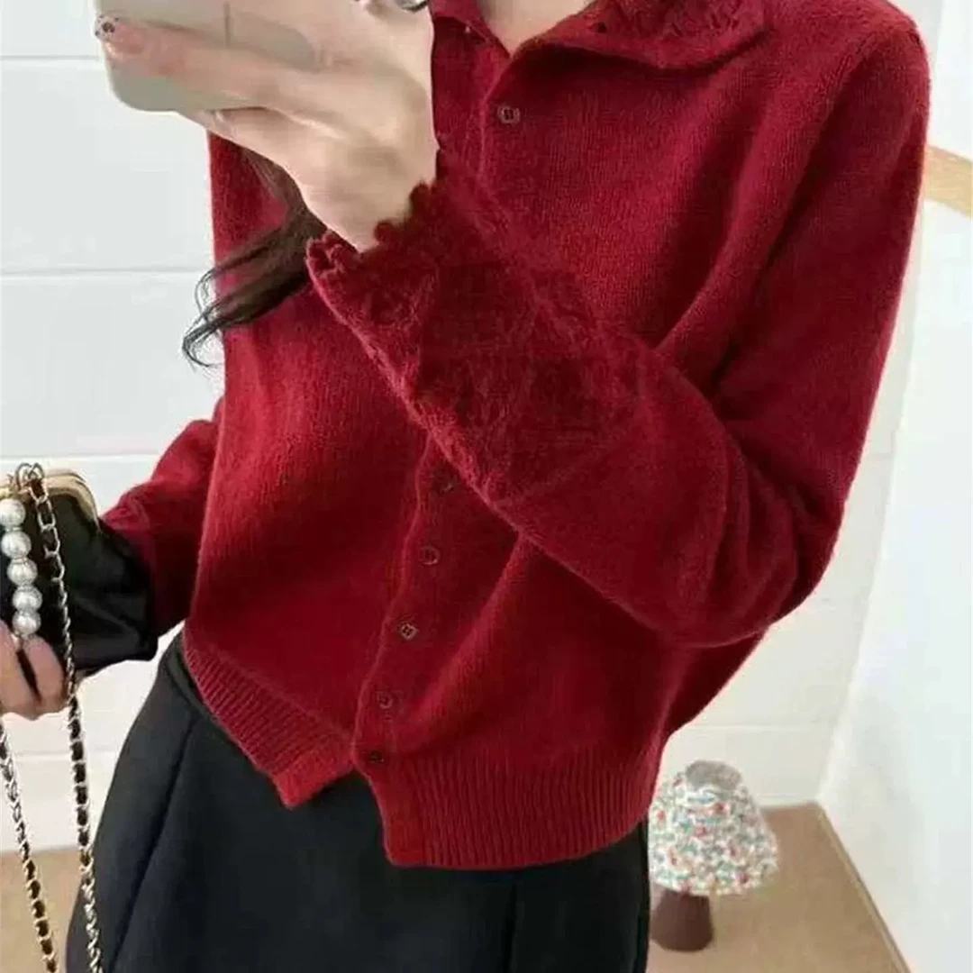 镂空钩花半高领开衫女秋冬韩系轻熟风优雅显瘦百搭针织毛衣外套