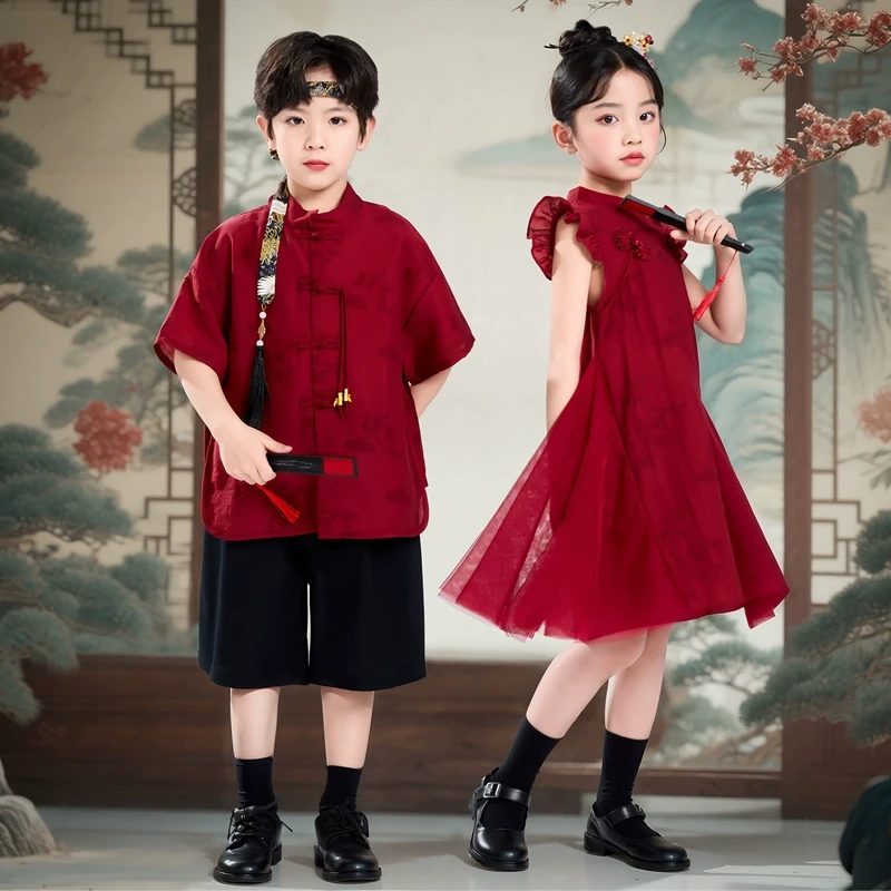 儿童中国风六一演出服汉服套装男童新中式小少爷唐装女童旗袍礼服