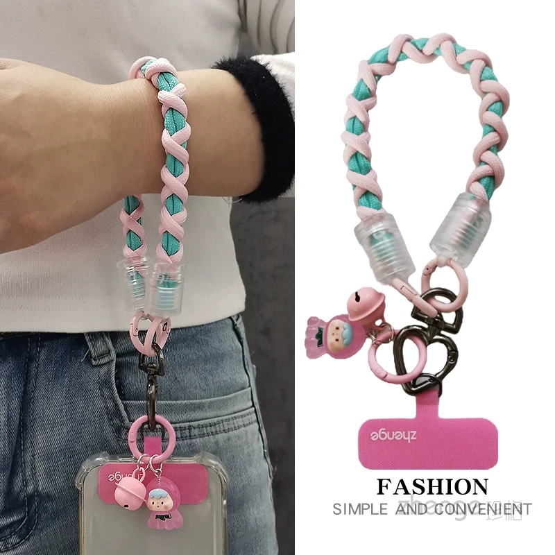 手机挂绳手腕式短款ins卡通可爱萌娃吊坠铃铛挂件编织手机挂绳