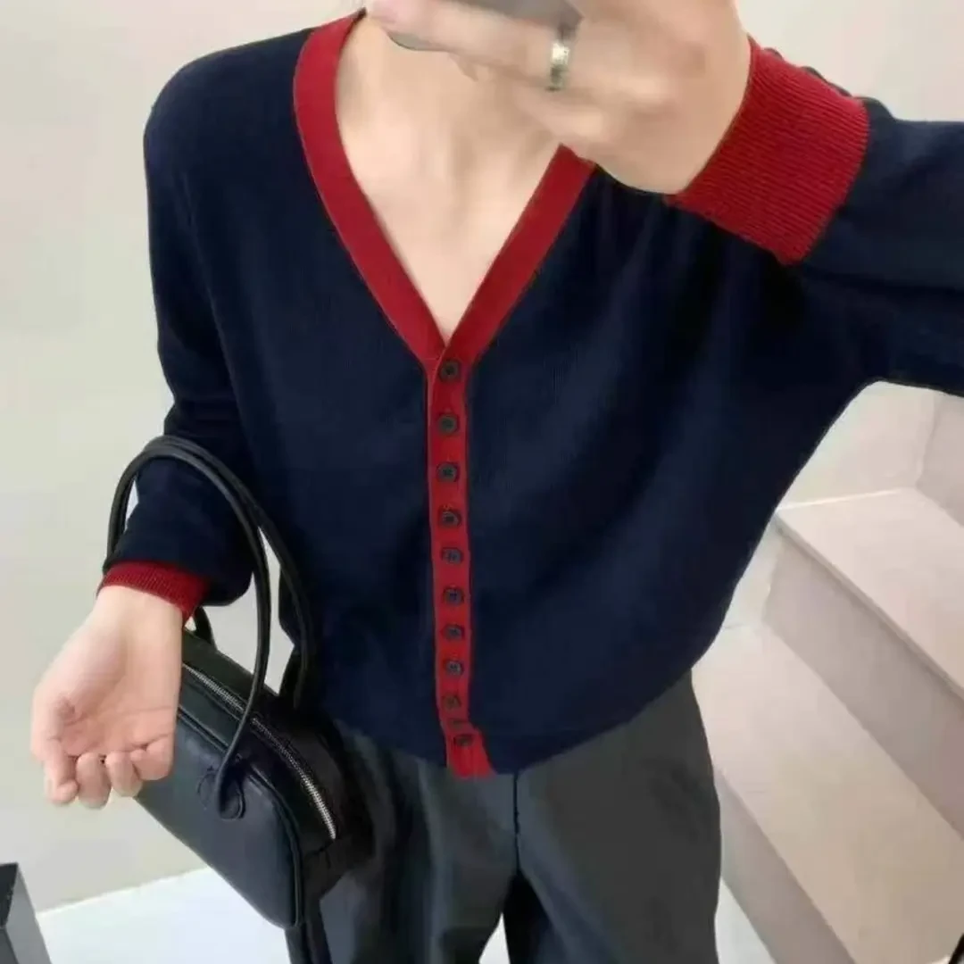 （刘敏服装）15540款秋季条纹V领毛针织衫打底针织开衫