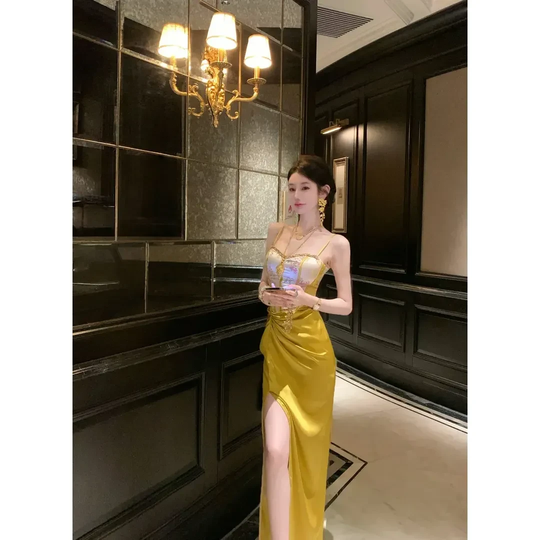 【KEKE】钉珠织带提花鱼骨吊带连衣裙子女装2025新款收腰显瘦拼接裙