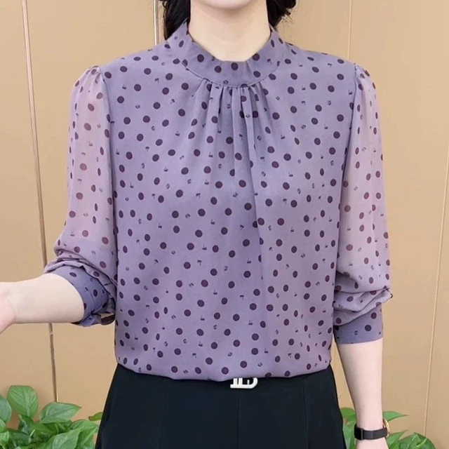 春季新款时尚设计感立领波点印花衬衣洋气显瘦百搭长袖上衣女T恤