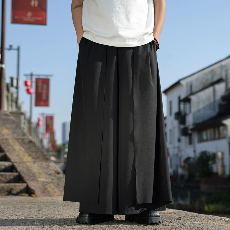 双层假两件裤子男士山本风剑道裤新中式国风春季拼接设计垂感裙裤