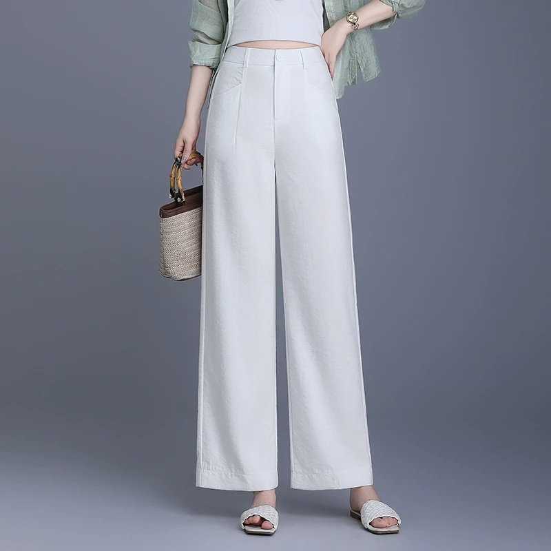 亚麻阔腿裤女2025新款夏季薄款小个子宽松直筒白色休闲裤垂感黑色