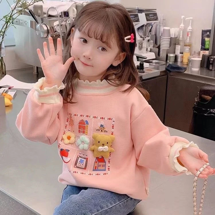 NESKIDS女童卫衣春秋装新款女孩洋气木耳边半高领儿童上衣宝宝