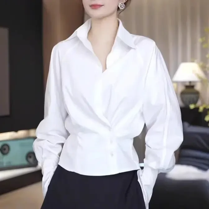 大码胖mm气质休闲收腰白色衬衫女2025秋冬宽松百搭内搭长袖上衣潮