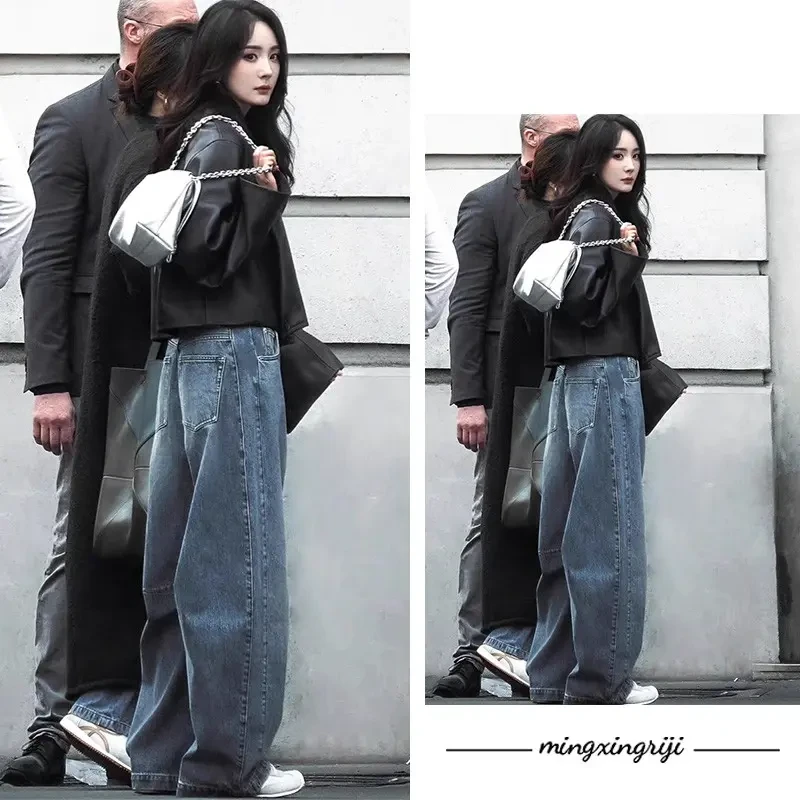 杨幂同款蓝色阔腿牛仔裤女2025春季新款复古高腰显瘦宽松直筒裤子