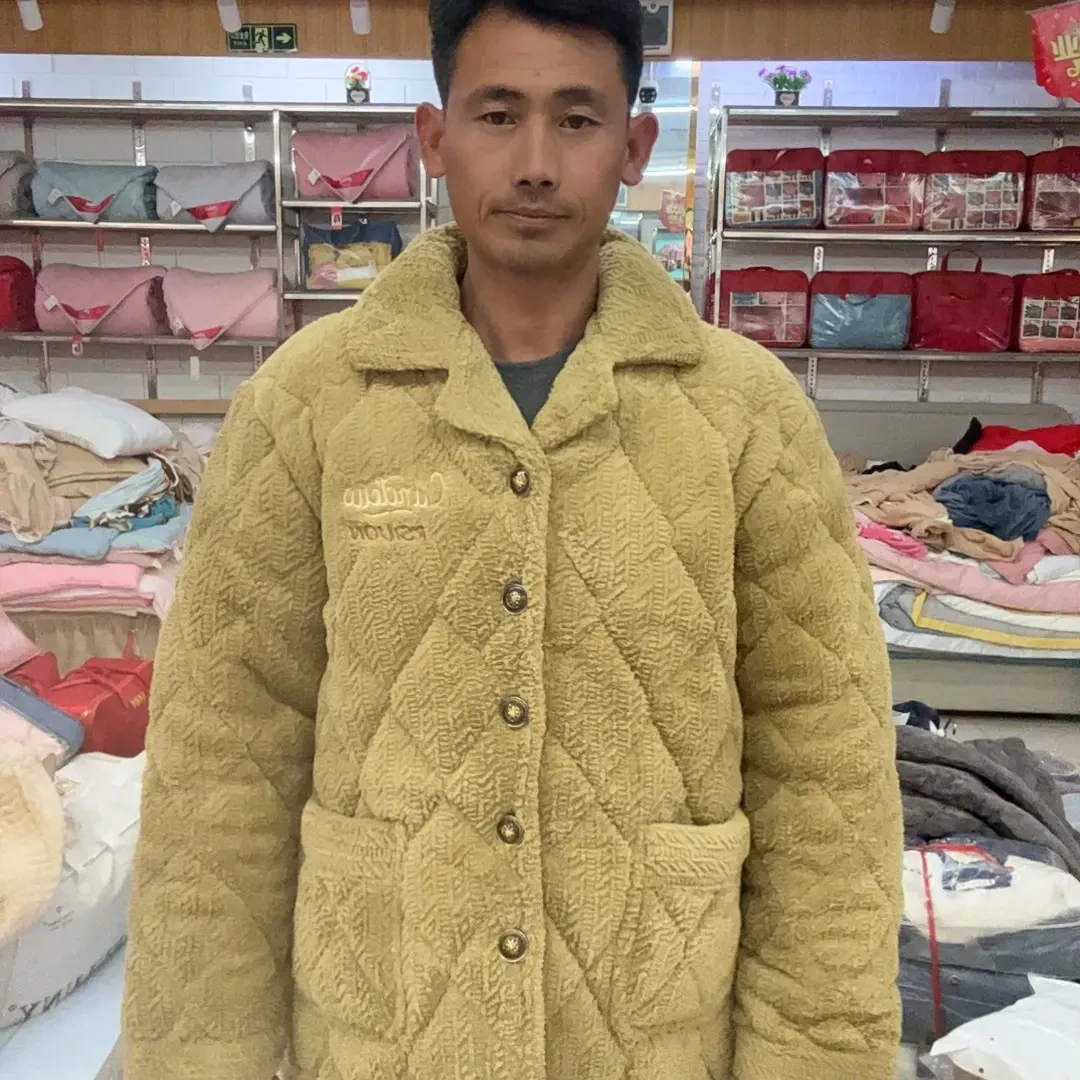 秋冬季男士睡衣珊瑚绒三层夹棉加厚保暖法兰绒可外穿家