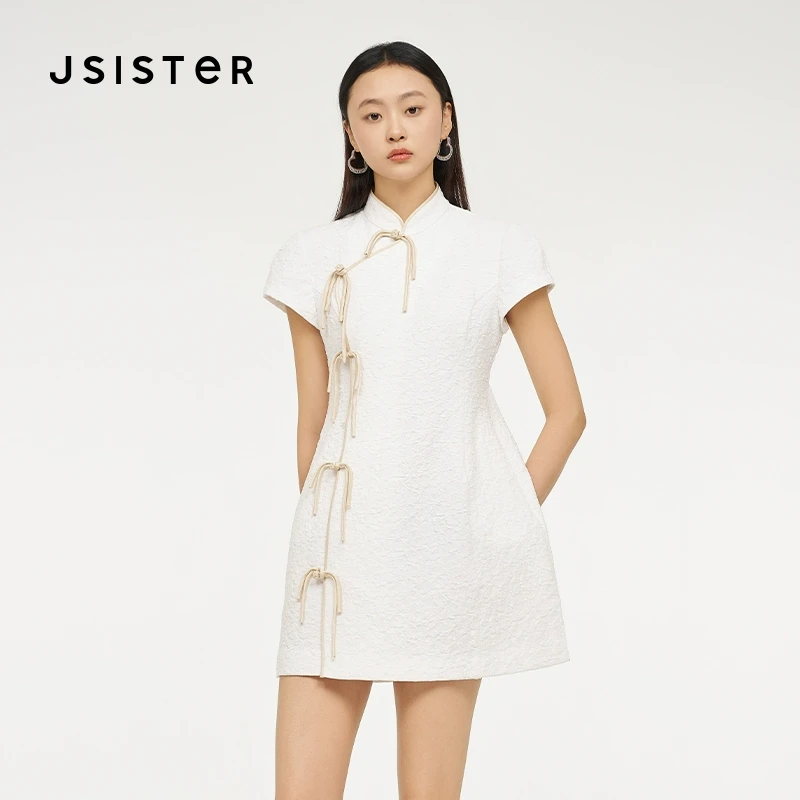 jsister 夏装新款 JS女装时尚米白中式连衣裙 S425111515