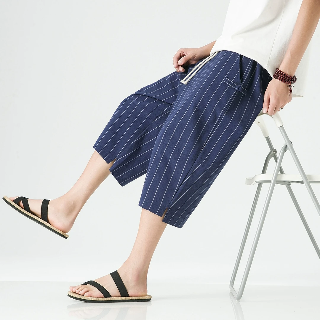 墙夏中国风薄款七分男锥形条纹阔腿灯笼裤萝卜裤舒适爆款高阶男士