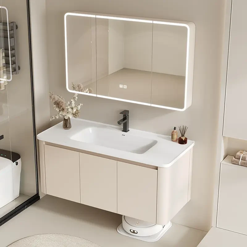 奶油风太空蜂窝铝圆角浴室柜洗簌台组合圆弧陶瓷一体盆洗脸洗手盆