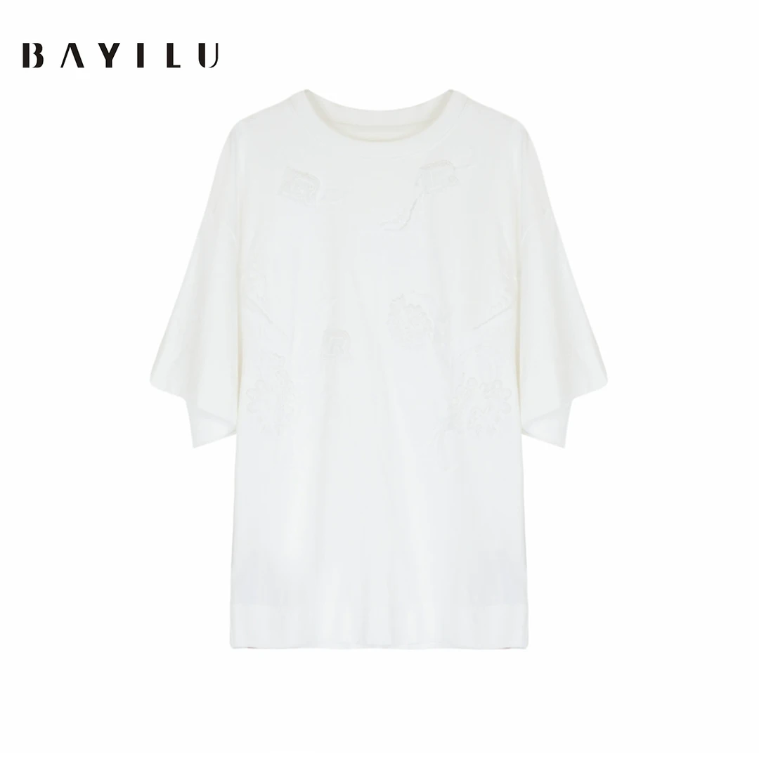 【毛毛专属】芭依璐2025春季新款T恤圆领绣花镂空短袖91T1102