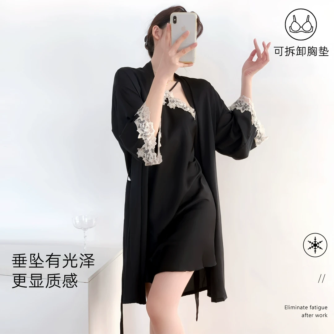 冰丝睡衣女性感吊带睡裙夏薄款蕾丝纯欲复古新中式国风家居服套装