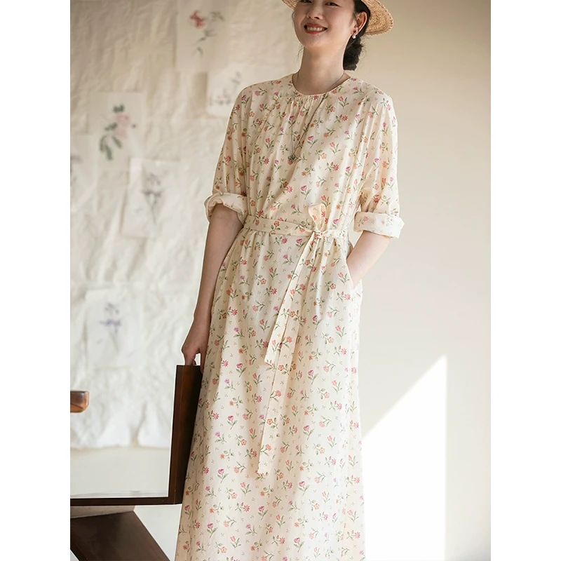 牧衣游原创「欧若风」80支精细长绒棉印花连衣裙宽松文艺碎花一杯雾